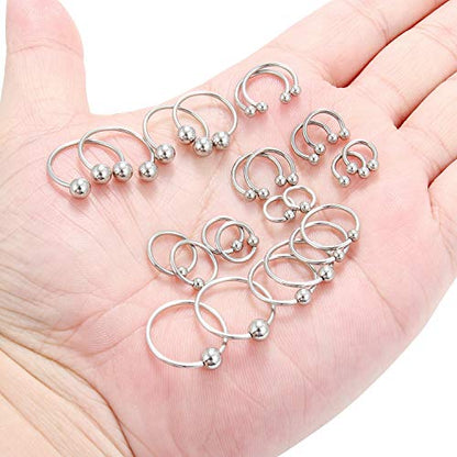 16-24PCS 16G Surgical Steel Horseshoe & Captive Bead Nose Hoop Septum Earring Eyebrow Tongue Lip Nipple Helix Tragus Piercing Jewelry Rings 6-16mm - color: 24PCS - Silver
