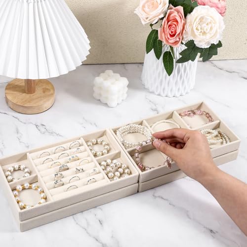 4 Pcs Stackable Jewelry Organizer Trays, 8 x 5 x 1 Inch Velvet Jewelry Trays Beige Jewellery Drawer Inserts Organizer Display Case Storage with Removable Dividers for Earring, Necklace, Rings
