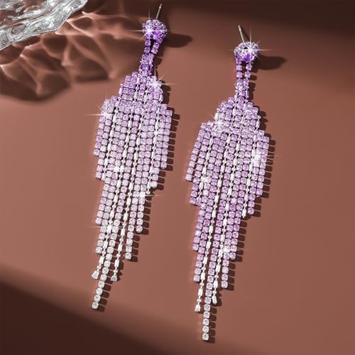 Rhinestone Earrings Prom Earrings for Women Sparkly Long Tassel Chandelier Drop Statement Earring Jewerly Gifts Wedding Party Prom Dresses Accessories - color: A4: purple prom earrings