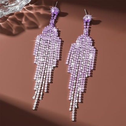 Rhinestone Earrings Prom Earrings for Women Sparkly Long Tassel Chandelier Drop Statement Earring Jewerly Gifts Wedding Party Prom Dresses Accessories - color: A4: purple prom earrings