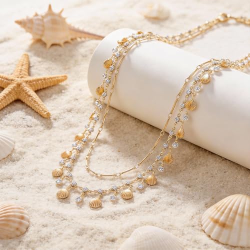 Layered Shell Necklace for Women Gold Seashell Charm Necklace with Crystal Style Drops Tropical Beach Vacation Jewelry Summer Outfit Accessories for Dresses Swimsuits Cruises and Gifts - color: A2:shell necklace