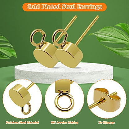224pcs Earring Studs for Jewelry Making,Gold Plated Stud Earrings Hypoallergenic Stud Earring with Loop Stainless Steel Earrings Posts with Ear Nut for DIY Making,Favors(14K Gold,Silver) - color: 224pcs;14K Gold,Silver