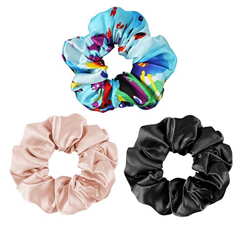OLESILK 100% Mulberry Silk-Scrunchies for Hair Sleep, Women Grils Silk Hair Ties for Frizz & Breakage Curly Hair, No Damage, Elastics Ponytail Holder, 3 Pack - color: 3pcs, Black-Dark Pink-Capri Greasepaint
