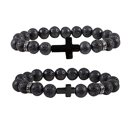 8mm Cross Beads Wooden Bracelet for Men Women Healing Lava Rock Stretch Bracelets Set - color: D: Cross Bracelet Lava Rock