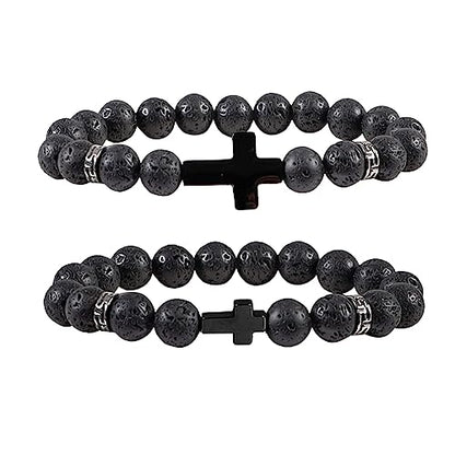 8mm Cross Beads Wooden Bracelet for Men Women Healing Lava Rock Stretch Bracelets Set - color: D: Cross Bracelet Lava Rock