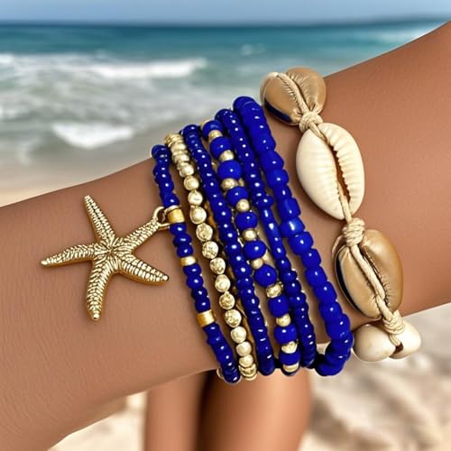 Bohemian Starfish Bracelets for Women - Adjustable Stackable Beach Bracelets, Handmade Stretchy Beaded Summer Jewelry, Perfect for Surf & Waterproof Fun - color: Dark Blue