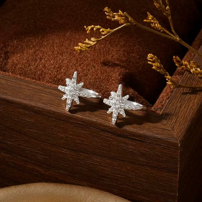 Star 14K Gold Plated Ear Cuff Earrings for Women Non Piercing, Dainty Silver Plated Clip on Cartilage Ear Cuff Non Pierced Trendy CZ Northstar Starburst Sparkling Climber Clawer Earring Jewelry - style: Starburst-Silver
