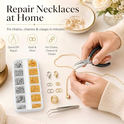 1200 Pcs Jump Rings for Jewelry Making, Jewelry Repair Kit with Lobster Claw Clasps, Pliers, Tweezers & Ring Opener, Gold and Silver Open Jump Rings for Necklace, Bracelet, Earrings, Keychains