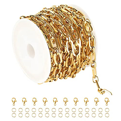 UMAOKANG Gold Plated Necklace Chains for Jewelry Making, 304 Stainless Steel Paperclip Chain Bulk with Lobster Clasps and Open Jump Rings Jewelry DIY Supplies - color: Gold Rolo