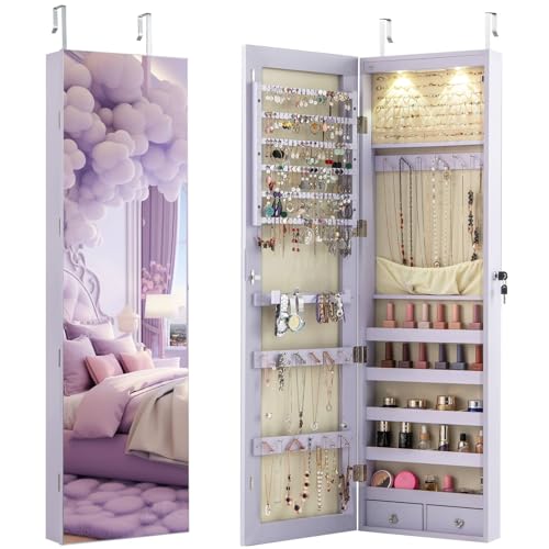 GIANTEX Wall or Door Mounted Jewelry Armoire with 47.5" Full Length Mirror, Lockable Cabinet with 2 LED Lights, 2 Drawers, Over the Door Large Jewelry Storage Organizer (Lavender) - color: Lavender, size: 47.5'' H