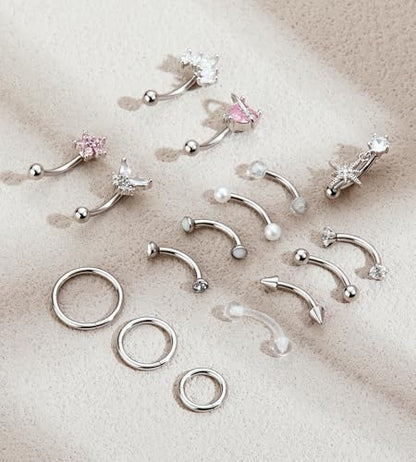 Rook Eyebrow Piercing Jewelry Surgical Stainless Steel Vertical Labret Lip Jewelry Gold Silver 16G Curved Barbell Cartilage Helix Conch Tragus Daith Hoop Earrings for Women - color: Silver Tone