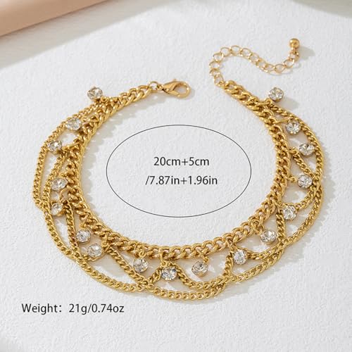 Gold Anklet for Women, Spiral Sun Charm Layered Boho Beach Ankle Bracelet Adjustable Double Chain Summer Beachy Ocean Jewelry Gift - color: Rhinestones