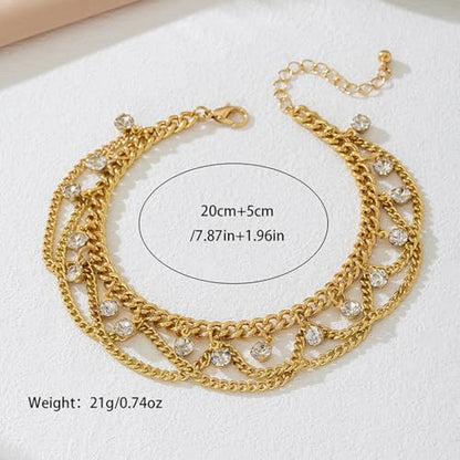 Gold Anklet for Women, Spiral Sun Charm Layered Boho Beach Ankle Bracelet Adjustable Double Chain Summer Beachy Ocean Jewelry Gift - color: Rhinestones