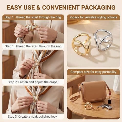 2Pcs Women Three Rings Silk Scarves Clip Fashion Scarves Buckle Scarf Ring Wrap Holder Clamp (Silver+Golden)