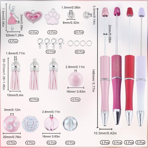 SUNNYCLUE DIY 12 Sets Pen Making Kit Beadable Pen with Beads Beading Pen Set 20mm Pink Acrylic Beads Rhinestone Bubblegum Beads Ballet Charms Beadable Pens Supplies for Women Teachers School Nurses - color: 12 Sets, Pink