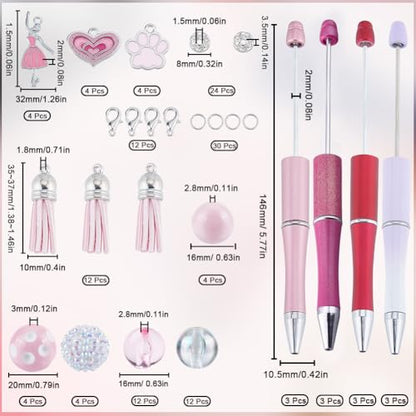 SUNNYCLUE DIY 12 Sets Pen Making Kit Beadable Pen with Beads Beading Pen Set 20mm Pink Acrylic Beads Rhinestone Bubblegum Beads Ballet Charms Beadable Pens Supplies for Women Teachers School Nurses - color: 12 Sets, Pink