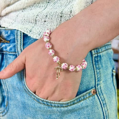 3PCS Bow Beaded Jewelry Set for Women Vintage Handmade Flower Blue And White Porcelain Enamel Ribbon Necklace Bracelet and Earrings Bow Christmas Birthday Holiday Charm Romantic Jewelry Gifts - style: Pink