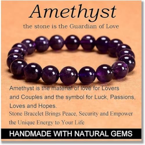 Carnelian Bracelet - Stone of Luck,Stretch Natural Stone Crystal Beads Jewelry Gifts for Women Men Unisex - color: Amethyst-Guardian of Love, size: 10mm