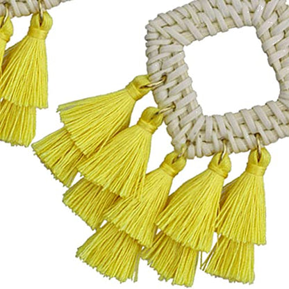 Bohemia Tassel Earrings Statement Handmade Dangle Ethnic Fringe Earrings Bamboo Weaving Geometric Square Sector Gifts for Women - color: E yellow