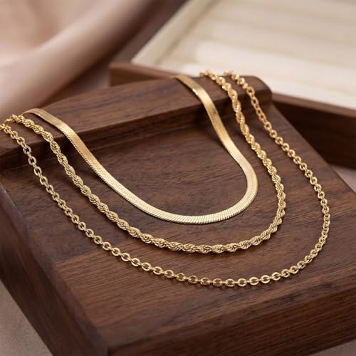 9-Piece Gold Tone Layered Chain Necklace Set for Women, Versatile Stackable Necklaces with Vertical Bar/Herringbone/Padlock Coin Charms, Trendy Boho Jewelry - style: TZJ-003359