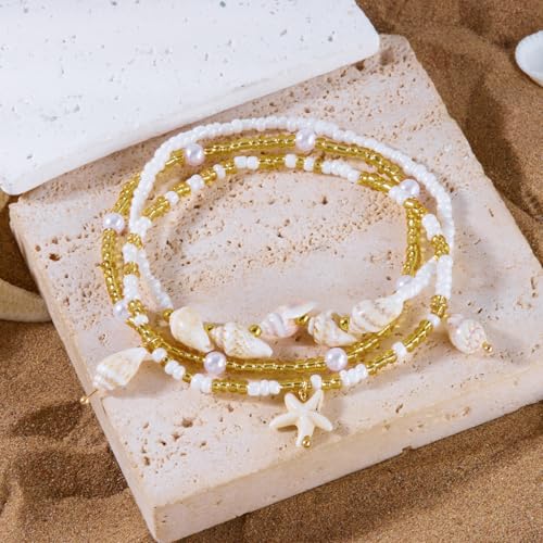 Boho Shell Ankle Bracelet Set for Women Gold Plated Adjustable Anklet Beach Inspired Foot Jewelry with Starfish & Pearl Charms - color: E