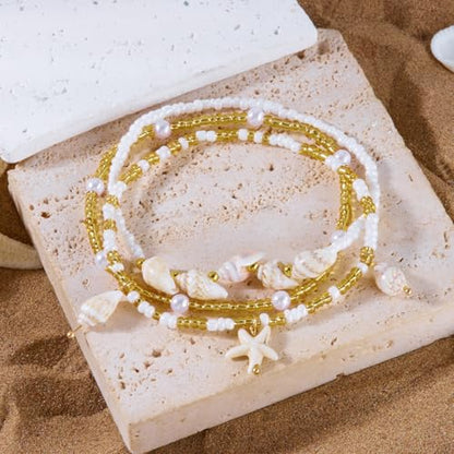 Boho Shell Ankle Bracelet Set for Women Gold Plated Adjustable Anklet Beach Inspired Foot Jewelry with Starfish & Pearl Charms - color: E