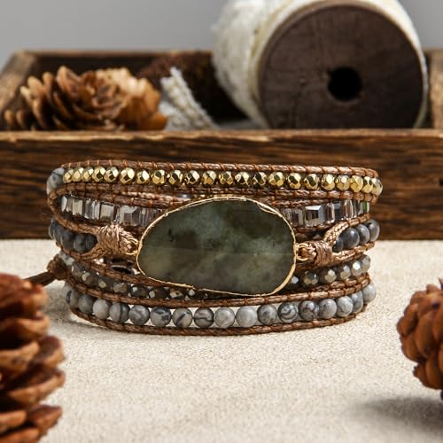 Women Wrap Bracelets Boho Natural Stone Jasper Turquoises Strand Bracelet Jewelry Collection - color: Gray #2