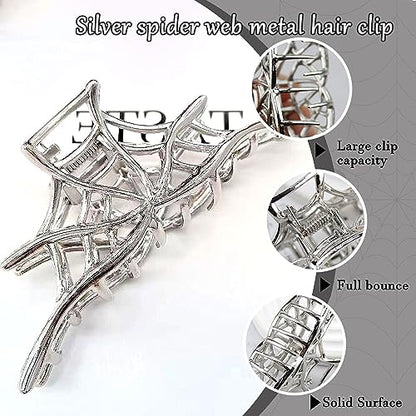 Spider Web Alloy Hair Claw Clips, 1Pcs Silver Punk & Y2K-Style Hair Accessory for Thin Hair - color: Silver Spider Web