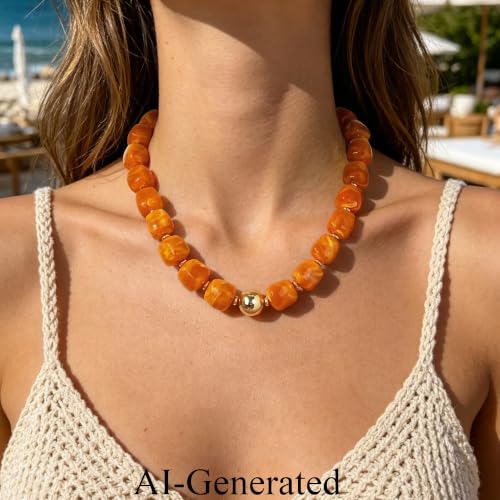 Ritach Chunky Beaded Necklaces for Women - Colorful Large Square Acrylic Beaded Necklace Boho Chunky Necklace Adjustable Statement Choker Necklace for Women Waterproof Summer Beach Jewelry Gifts - color: Yellow