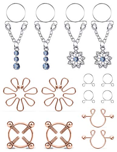 Cisyozi 5Pairs Stainless Steel Fake Nipple Rings for Women Non-Piercing Dangle Nipplerings Faux Body Piercing Jewelry - color: Rose Gold Tone