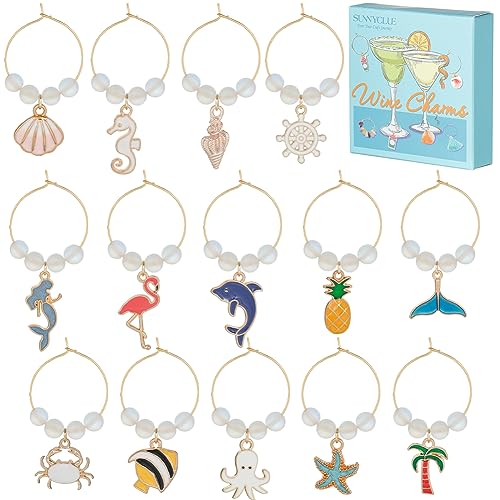 SUNNYCLUE 1 Box 14Pcs Glass Markers Bulk Glass Identifiers Wine Markers Charms Stafish Shells Suummer Ocean Hawaii Wine Identifiers for Gathering Wedding Gifts Party Favor Drinks Decor Supplies - style: 14 Sets Golden Tone Ocean Themed Wine Charms & Upgra