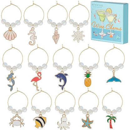 SUNNYCLUE 1 Box 14Pcs Glass Markers Bulk Glass Identifiers Wine Markers Charms Stafish Shells Suummer Ocean Hawaii Wine Identifiers for Gathering Wedding Gifts Party Favor Drinks Decor Supplies - style: 14 Sets Golden Tone Ocean Themed Wine Charms & Upgra