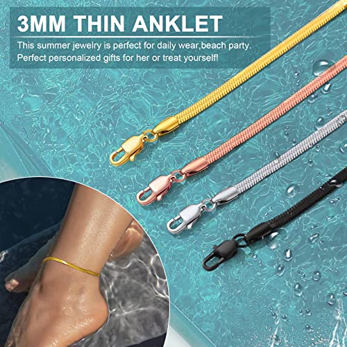 Adjustbale Link Chain Anklet for Women Summer Jewelry, 316L Stainless Steel Figaro/Wheat/Twist Rope/Cuban Foot Bracelet-Waterproof, Resizable 9"-12" (Gift Box Included) - color: 6, Herringbone - Gold-3mm