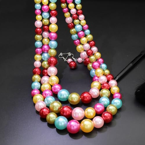 Chunky Layered Imitation Pearl Necklace for Women 3 strand Pearl Necklaces Faux Pearl Necklace Earrings Set 1920s Flapper Gatsby Costume Accessories - color: Colorful Delight