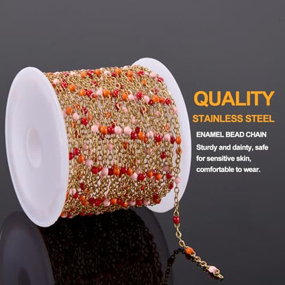 KYUNHOO 16.4FT Gold Plated Stainless Steel Enamel Jewelry Making Chain Roll | Colorful Beaded Chain Links for Jewelry Crafts Making with Lobster Clasps Jump Rings - color: gold-red orange