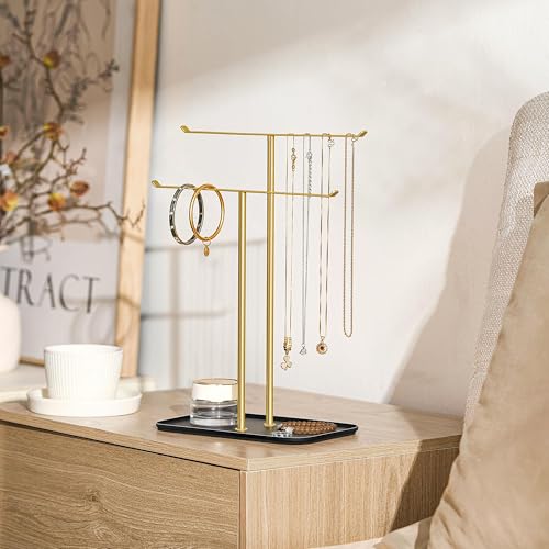 pickpiff Necklace Holder Jewelry Organizer Stand – 2‑Tier T‑Bar Jewelry Display Tree with Tray for Countertop Necklace Bracelet Earring Storage, Vanity Dresser Bathroom Sink, Black-Gold - color: Black-Gold