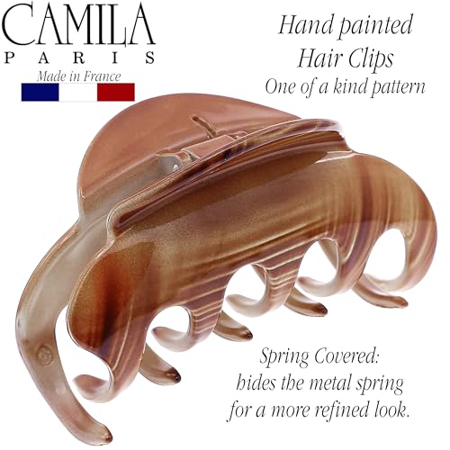 Camila Paris CP3216 French Hair Clips for Women, 3.5" Large Claw Clip Strong Hold All Day, Girl Large Claw Clips for Thick Hair, No Damage No Slip Flat Clip for Women. Made in France - color: Brown