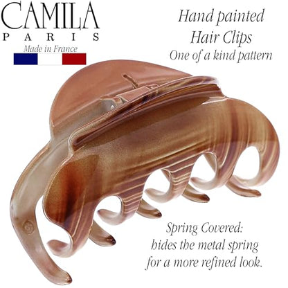 Camila Paris CP3216 French Hair Clips for Women, 3.5" Large Claw Clip Strong Hold All Day, Girl Large Claw Clips for Thick Hair, No Damage No Slip Flat Clip for Women. Made in France - color: Brown