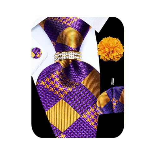 5PCS Mens Silk Tie, Pocket Square, Cufflinks, Drilled Tie Ring and Lapel Pin Set for Wedding Groom Party - color: Purple Gold Tie Set -281+7