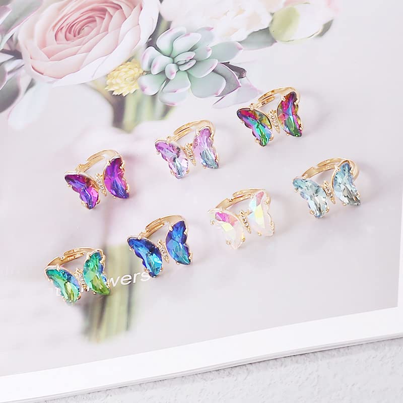COLORFUL BLING Adjustable Elegant Transparent Crystal 3D Butterfly Rings for Women Aesthetic Gold Plated Cute Animal Insect Open Finger Cuff Ring Birthday Valentine Gifts - color: transparent colorful