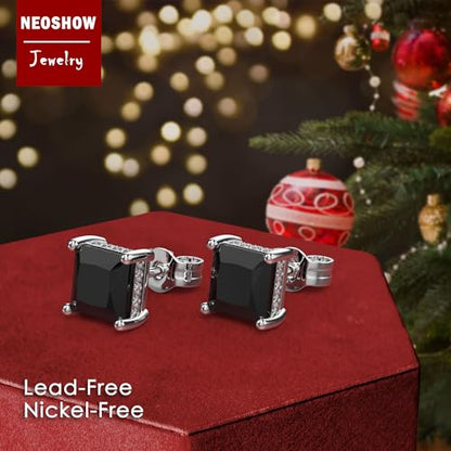 Princess Cut Cubic Zirconia Stud Earrings for Men Women | Square CZ Simulated Diamond Studs, 18K White Gold Plated Sterling Silver, Hypoallergenic - color: Black, size: 7MM