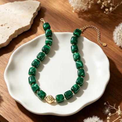 Chunky Beaded Necklace for Women,Square Resin beads boho Choker Necklace with gold-tone spacers,Fashion Trendy Summer Beach Party Necklaces Handmade Surfer Beach Necklaces Jewelry Gifts - color: Dark-Green