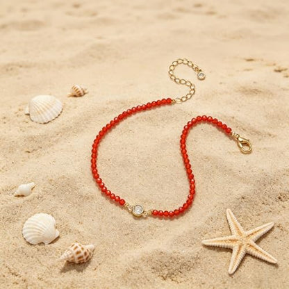 Raicegs Anklets for Women Handmade Beach Boho Ankle Bracelet 3mm Natural Stone Beaded Ankle Bracelet 14K Gold Plated Zircon Pendant Adjustable Crystal Gemstone Anklet Jewelry Gift for Her - color: Carnelian