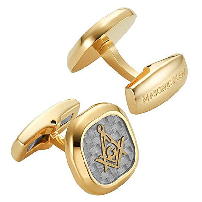 MasonicMan Men’s Two Tone Stainless Steel Cufflinks with Carbon Fiber and Masonic Logo and Gift Pouch