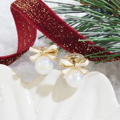 YOQUCOL Golden Bow Clip On Stub,Danle Drop Earrings for Women Simulated Pearl Christmas Xmas Bowknot Non Pierced Earrings - color: Stud Clip-02-White