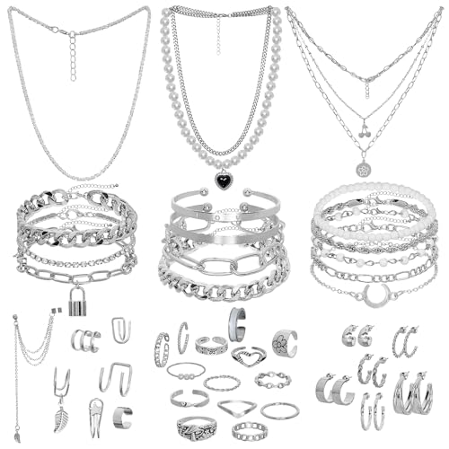 Gold/Silver Jewelry Set for Women Layered Bracelets Ball Dangle Hoop Earrings Stackable Knuckle Rings Set Dainty Adjustable Necklaces Valentine Anniversary Trendy Party Costume Accessories Jewelry - style: Moden
