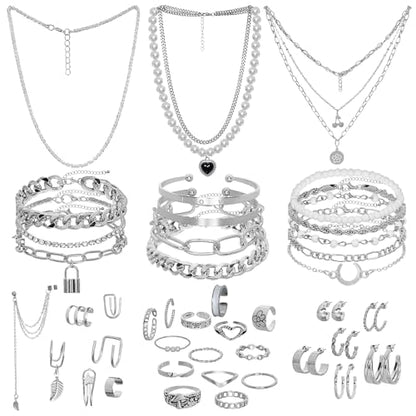 Gold/Silver Jewelry Set for Women Layered Bracelets Ball Dangle Hoop Earrings Stackable Knuckle Rings Set Dainty Adjustable Necklaces Valentine Anniversary Trendy Party Costume Accessories Jewelry - style: Moden