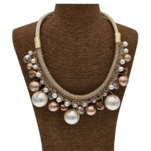 utop JNF Hand made Pearl Statement Necklace for Women Rhinestone Multilayer Crystal Necklaces Chunky Pearl Necklace Large Pearl Necklace and Earrings Set for Mother Mom's gift - color: champagne pearl necklace leather