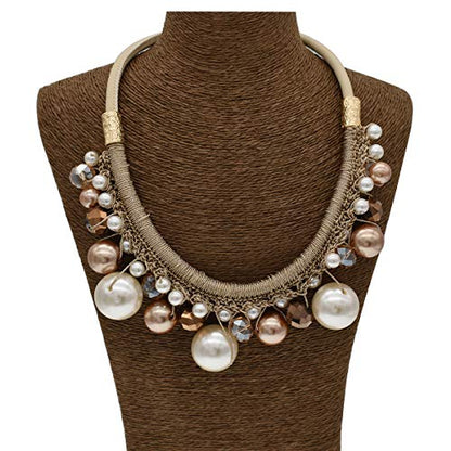 utop JNF Hand made Pearl Statement Necklace for Women Rhinestone Multilayer Crystal Necklaces Chunky Pearl Necklace Large Pearl Necklace and Earrings Set for Mother Mom's gift - color: champagne pearl necklace leather