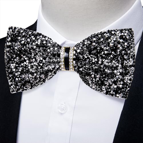 DiBanGu Mens Rhinestone Bow Tie with Ring and Lapel Pin Set | Adjustable Strap,Pre-tied Style,3PCS,Sequin Diamond Bowties，Solid/Mix Color,Shiny Accessory,for Party Prom Banquet Wedding - color: Black Silver